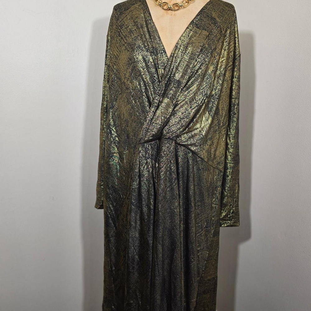Roaman's metallic gold and black wrap dress size 34W